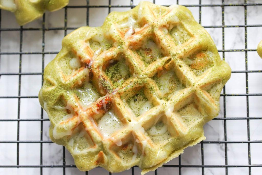 Matcha Green Tea Belgian Waffles with White Chocolate Drizzle
