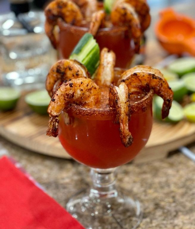 Michelada with Shrimp and Tajín Rim