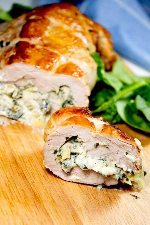 Olive and artichoke stuffed pork tenderloin