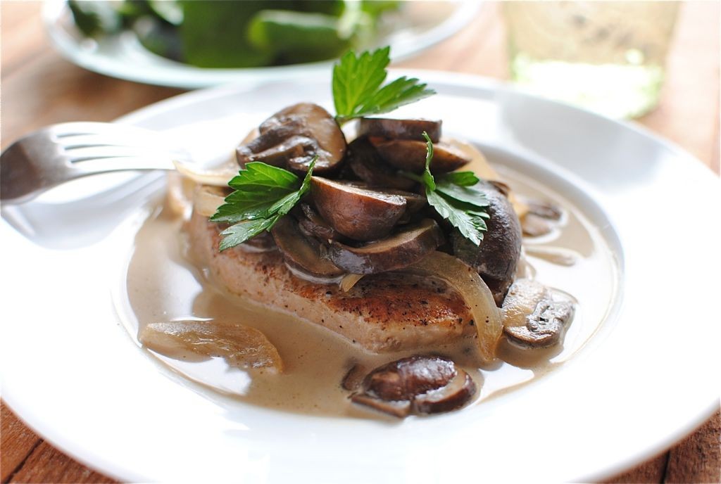 Pan-Seared Mushroom Pork Chops with White Wine Sauce