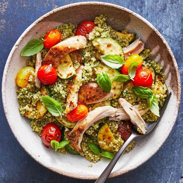 Pesto Chicken and Quinoa Power Bowl with Sun-Dried Tomatoes