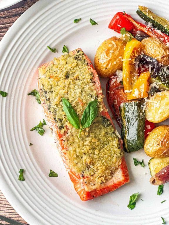 Pesto Crusted Salmon with Roasted Carrots