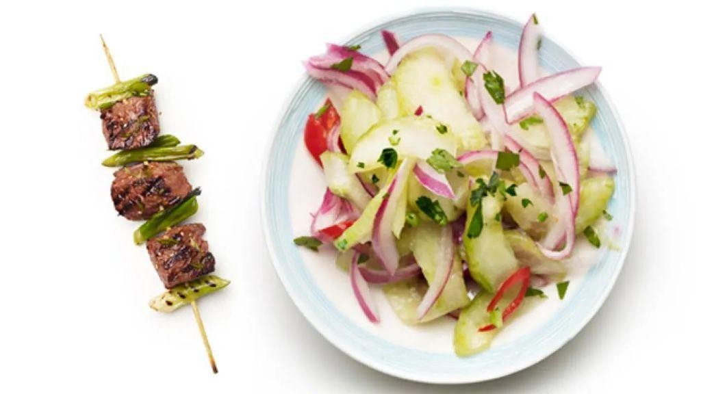 Pickled cucumber and onion skewers