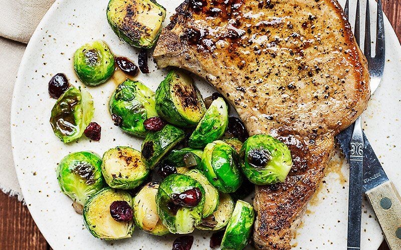 Pork Chops with Roasted Brussels Sprouts