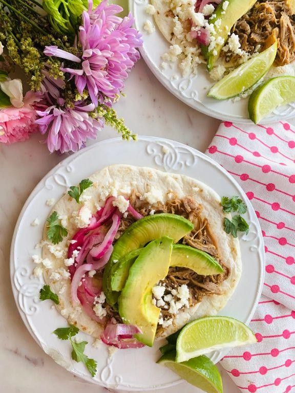 Pork Tinga Tostadas with Pickled Red Onions