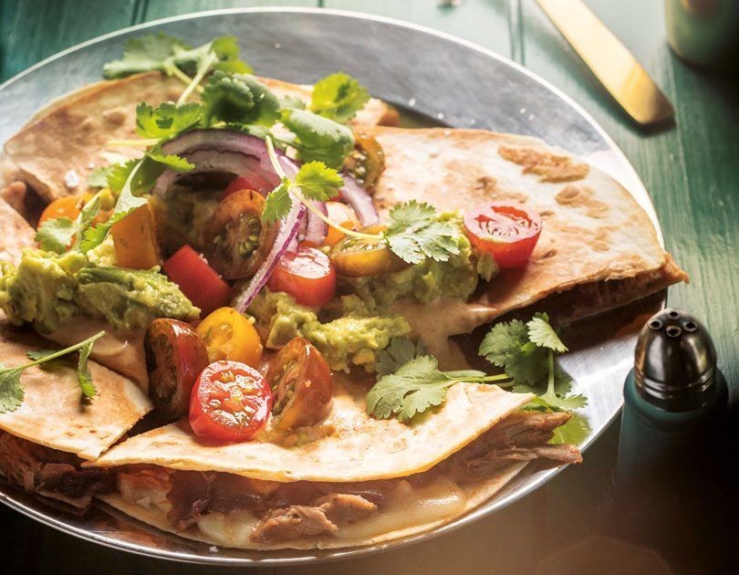 Pulled Pork Quesadillas with Avocado Cream