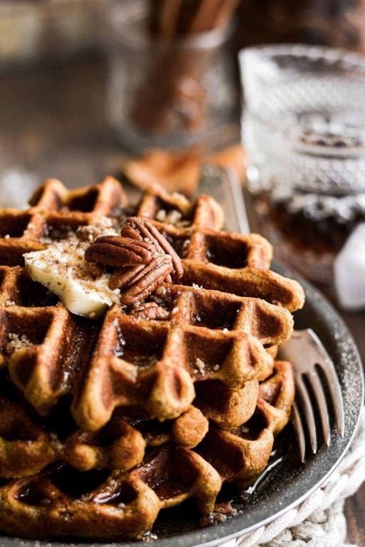 Pumpkin Belgian Waffles with Pecan Crumble