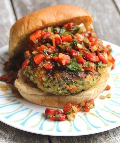 Quinoa Chickpea Burgers with Roasted Red Pepper Sauce