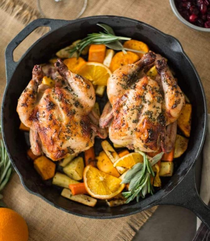 Roasted Cornish Hens with Herb Butter and Vegetables