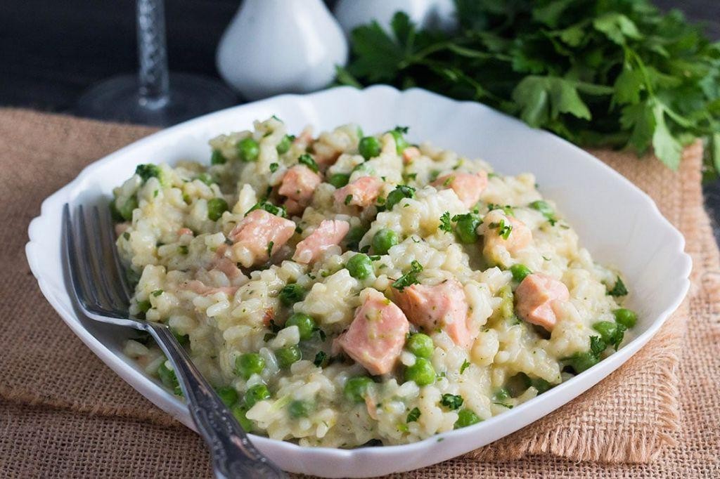 Salmon Risotto with Saffron and Peas