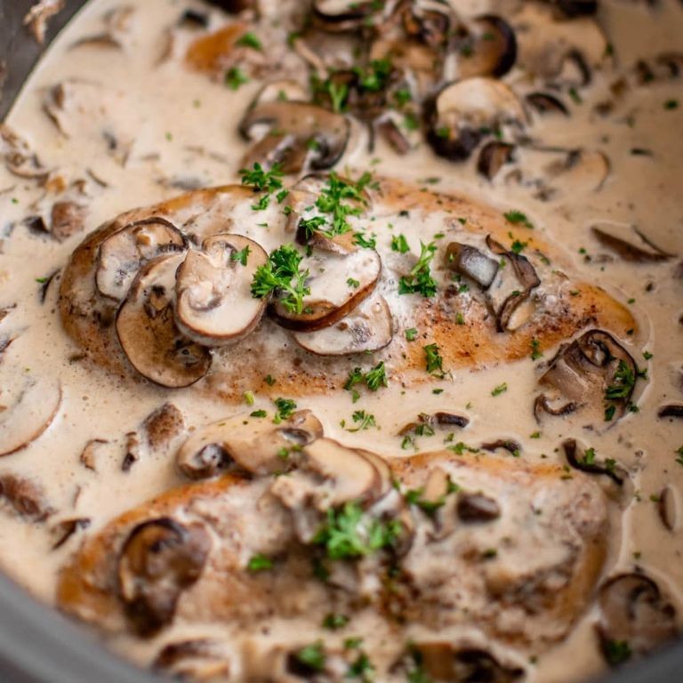 Slow Cooker Frozen Chicken Breast with Creamy Mushroom Sauce