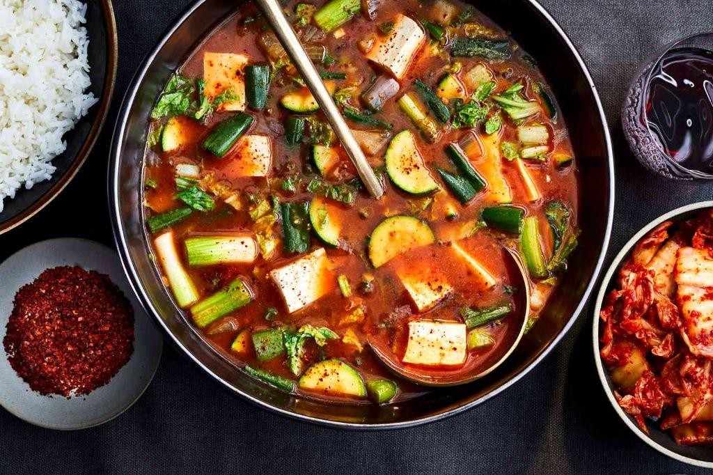 Soft Tofu Stew with Zucchini and Onions