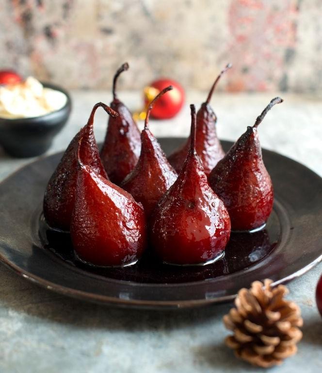 Spiced wine-poached pears