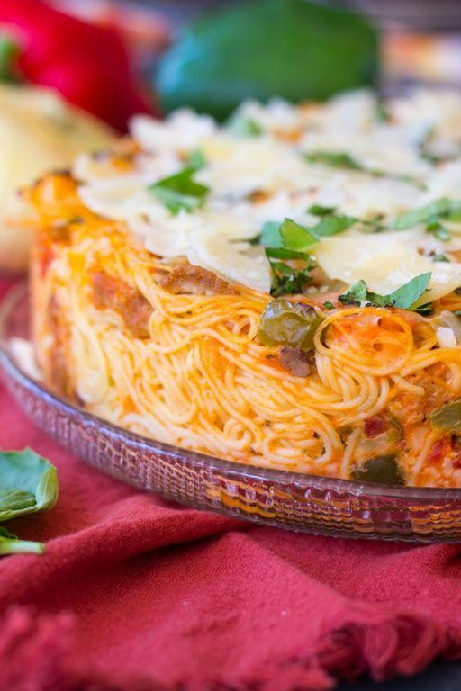 Spicy Sausage and Pepper Spaghetti Pie