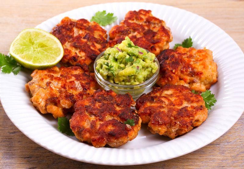 Spicy Sriracha Salmon Cakes with Avocado Cream