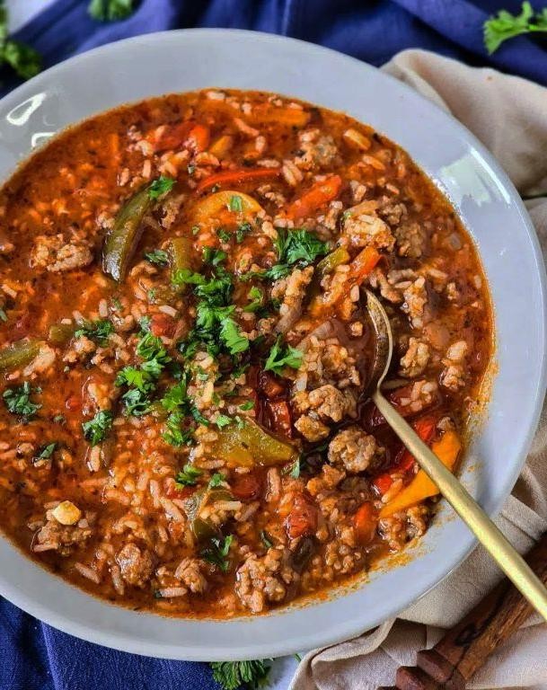 Spicy Stuffed Pepper Soup with Chorizo
