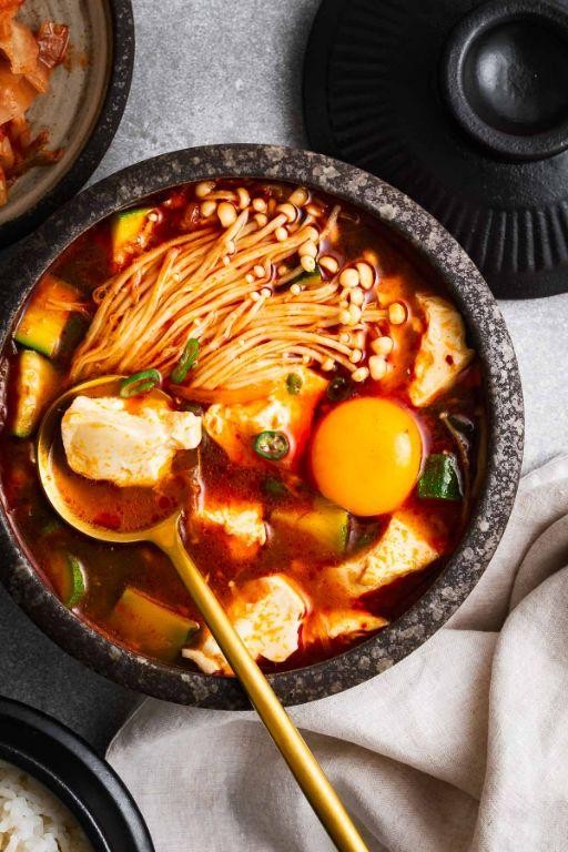 Spicy Sundubu-Jjigae with Enoki Mushrooms