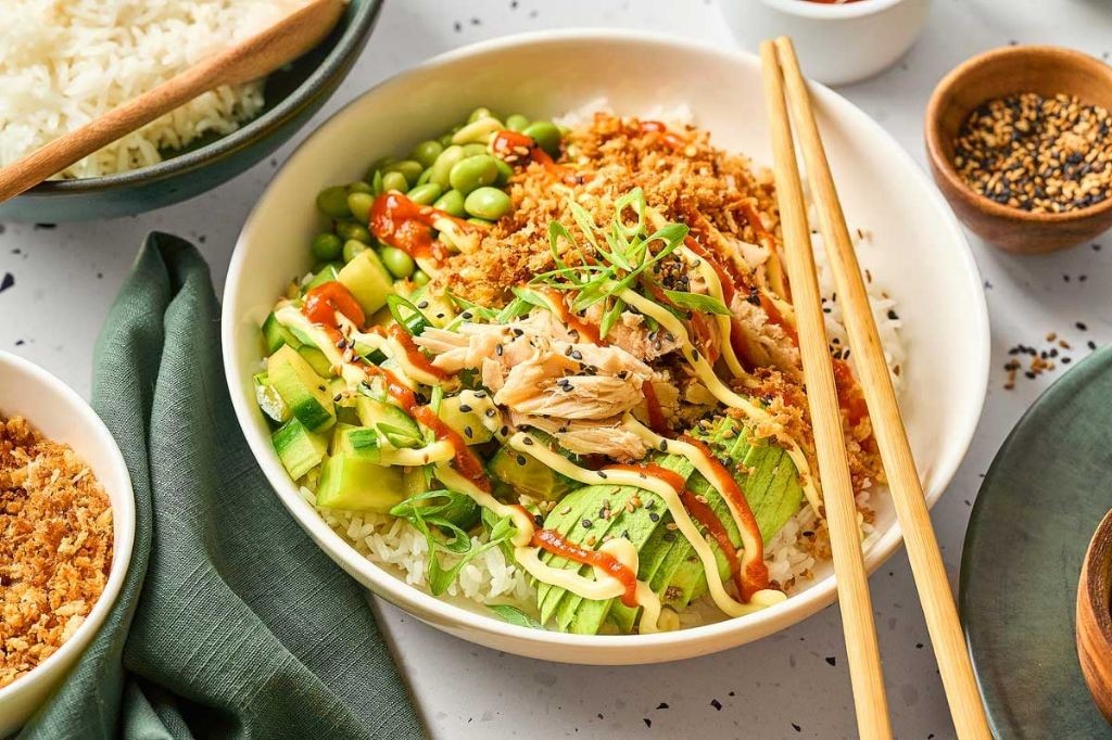 Spicy Tuna Rice Ramen with Avocado Slices
