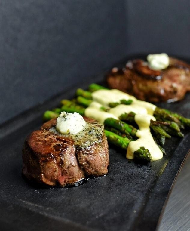 Steak Diane with Asparagus and Hollandaise