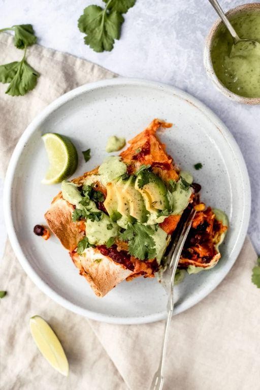 Sweet Potato and Black Bean Enchiladas with Avocado Cream