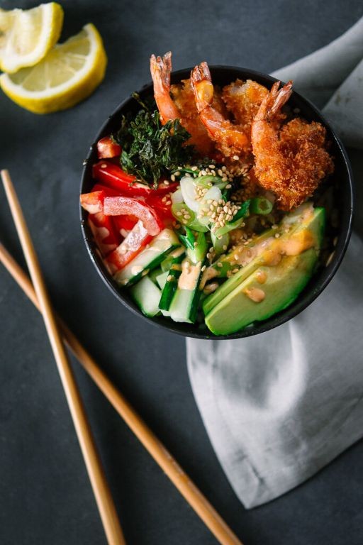 Tempura Shrimp Sushi Bowl with Sweet Chili Sauce