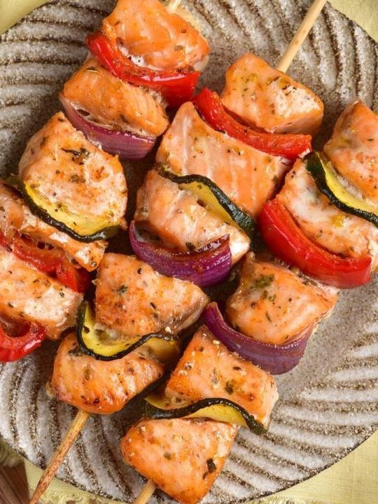 Teriyaki Blackstone Salmon Skewers