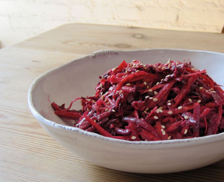 Vegan Beet and Carrot Slaw with Tahini Dressing
