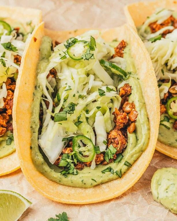 Vegan Meat Tacos with Avocado Lime Sauce