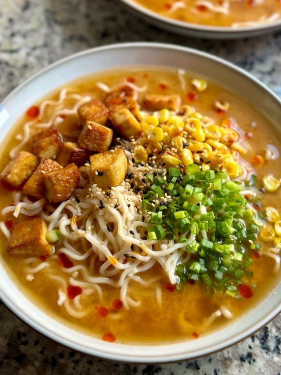 Vegan Miso Rice Ramen with Crispy Tofu