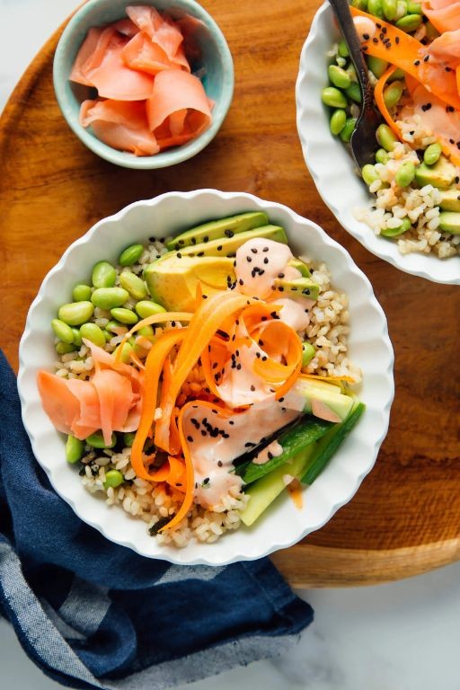 Vegetarian Sushi Bowl with Cucumber and Carrot