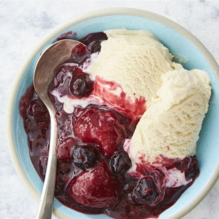 Warm Berry Compote with Vanilla Ice Cream