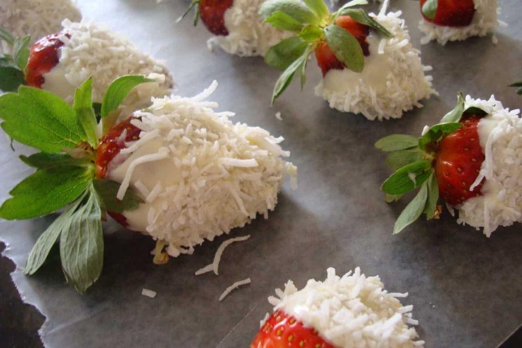 White Chocolate Strawberries with Coconut Flakes