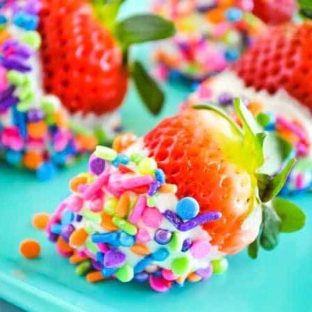White Chocolate Strawberries with Rainbow Nonpareils