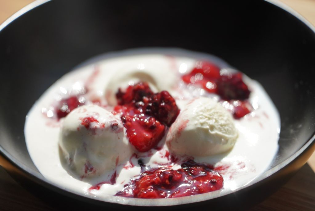 Wineberry Compote over Vanilla Ice Cream