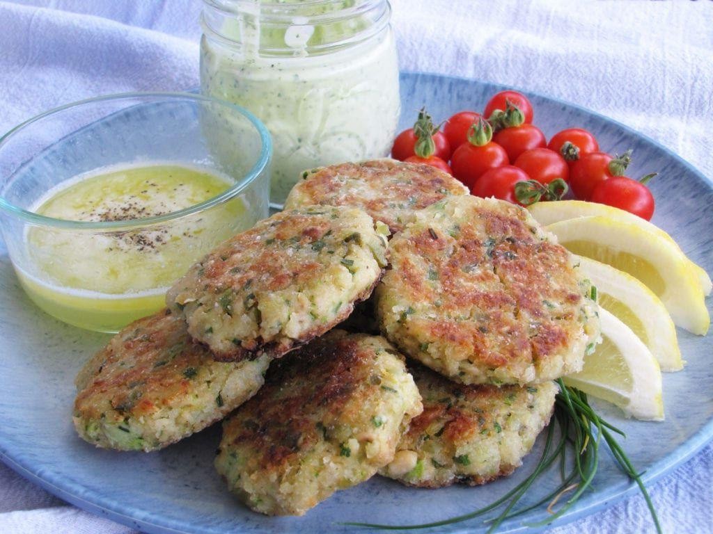 Zucchini and Salmon Cakes with Basil Pesto
