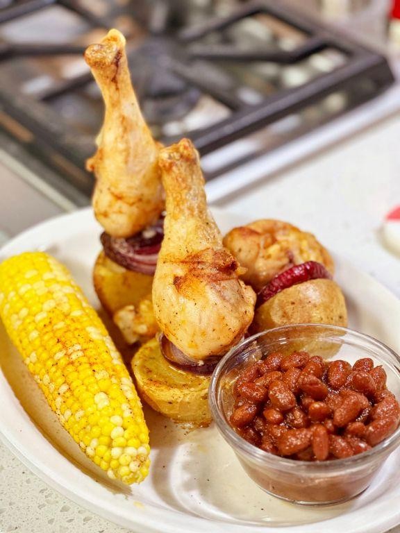 BBQ Baked Chicken Drumsticks with Corn and Potatoes