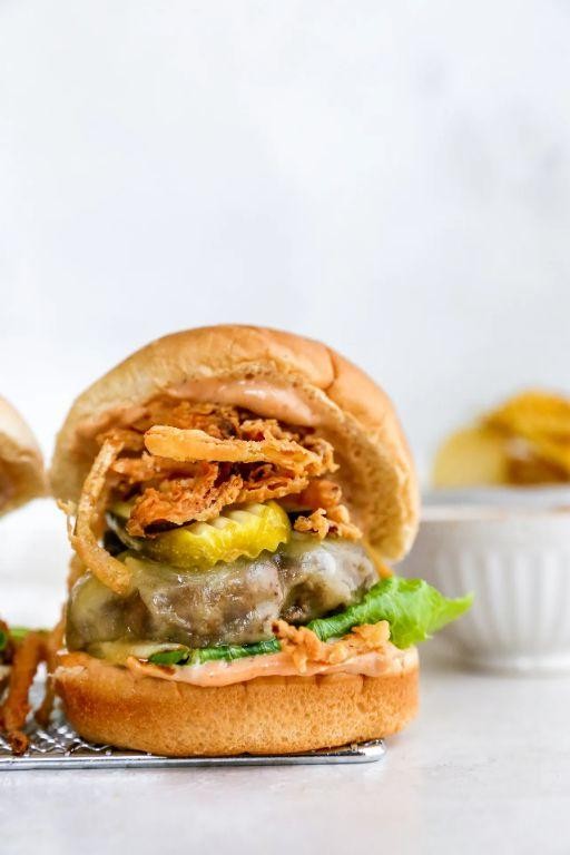 BBQ Buffalo Chicken Burgers with Crispy Onions