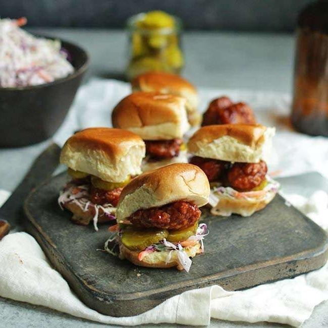 BBQ Chicken Sliders with Pickles and Coleslaw