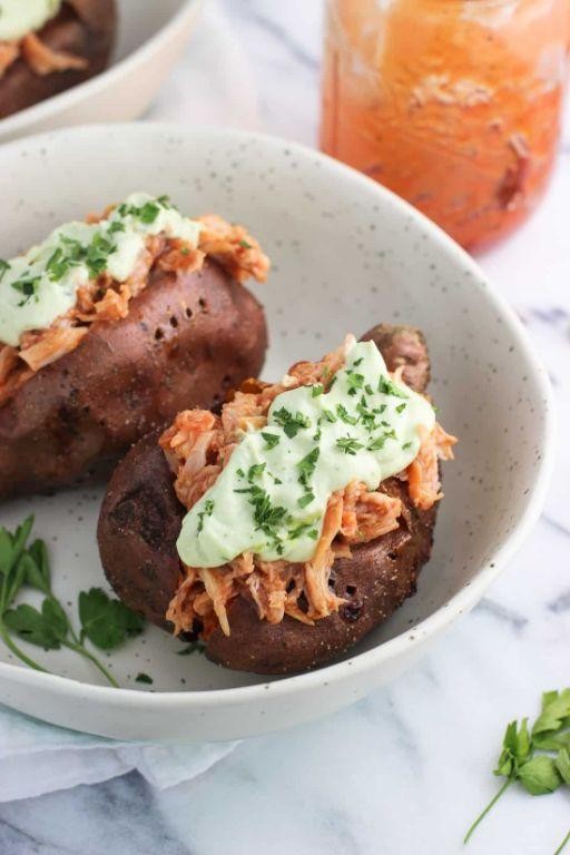 BBQ Chicken Stuffed Sweet Potatoes with Avocado Crema