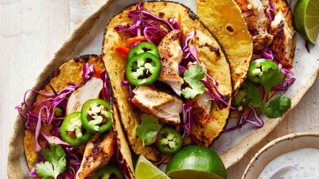 BBQ Chicken Tacos with Lime Crema and Cabbage Slaw
