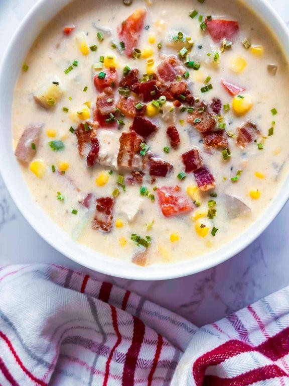 BBQ Chicken and Corn Chowder with Crispy Bacon