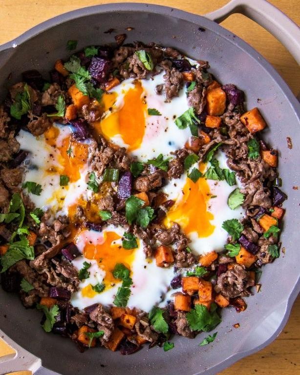 Beef and Sweet Potato Hash with Eggs