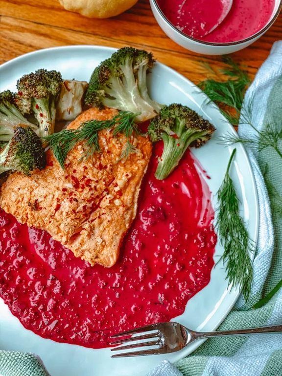 Beet Greens Wrapped Salmon with Dill Sauce