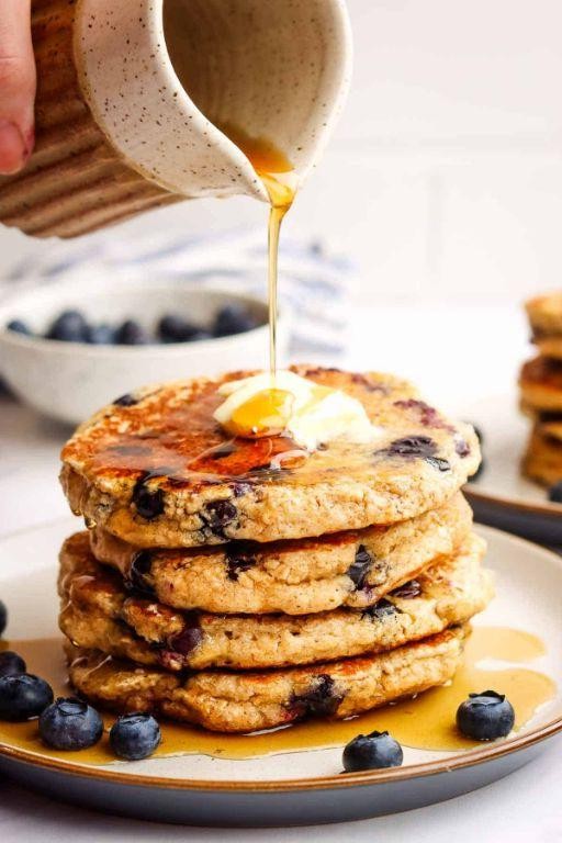 Blueberry Oat Flour Pancakes with Maple Syrup