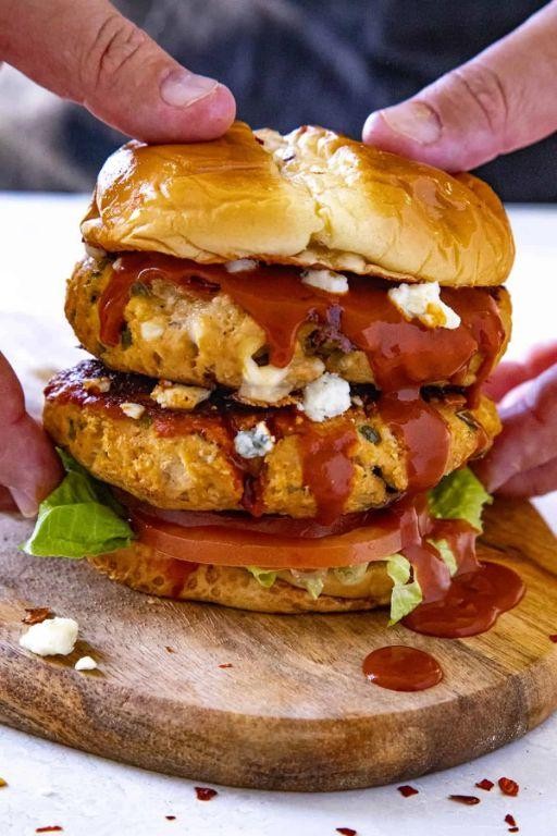 Buffalo Chicken Burgers Stuffed with Cheese