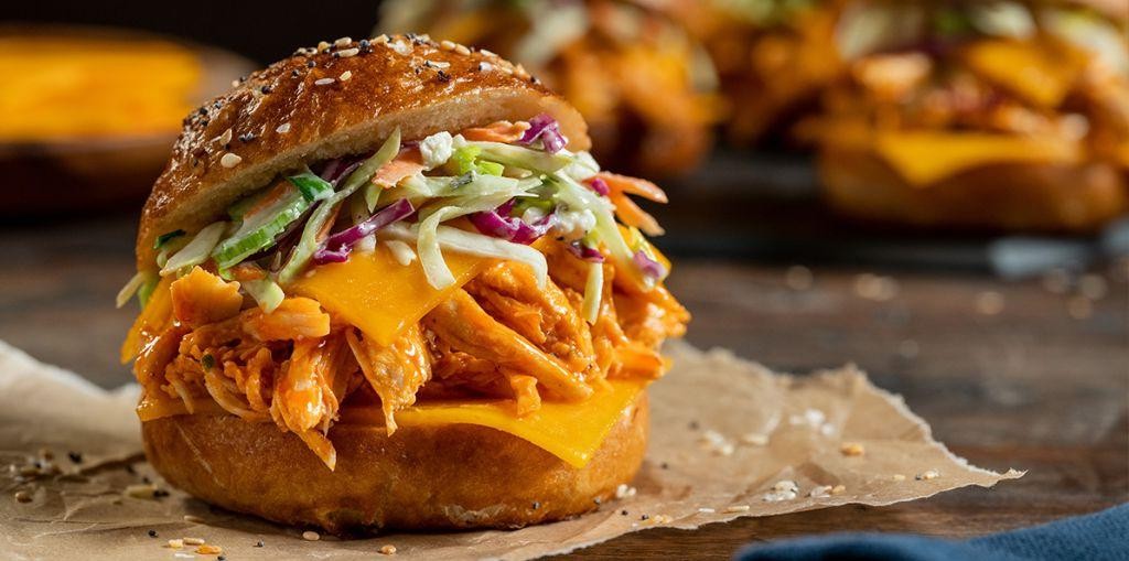 Buffalo Chicken Burgers on Pretzel Buns