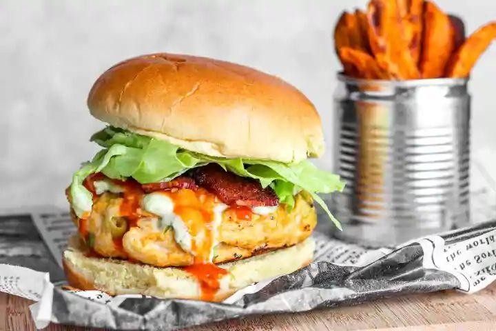 Buffalo Chicken Burgers with Bacon and Cheddar