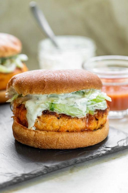 Buffalo Chicken Burgers with Carrot and Celery Slaw