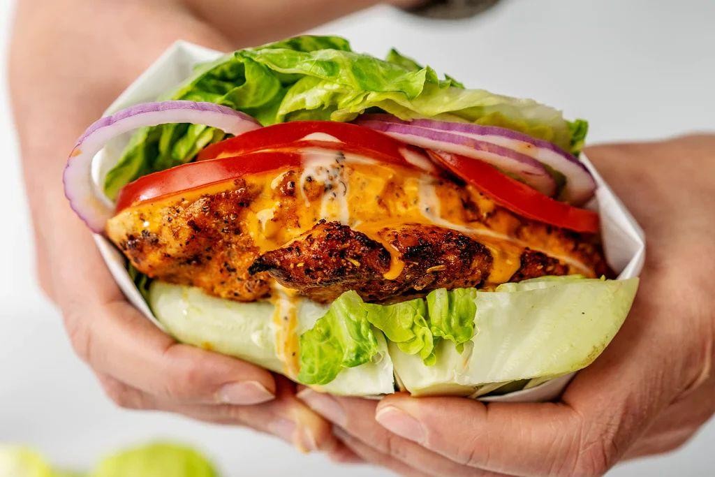 Buffalo Chicken Burgers with Crispy Lettuce Wrap