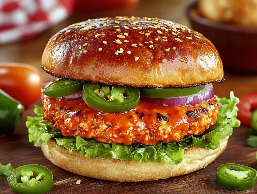 Buffalo Chicken Burgers with Pickled Jalapeños